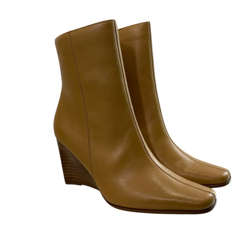 White Mountain Y2K‎ 90s Square Toe Leather Wedge Booties 6.5M Mustard Zip